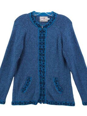 ALPACA IMPORTS Zip Cardigan Sweater Blue Geo Tribal Trim MADE IN PERU Size XXL